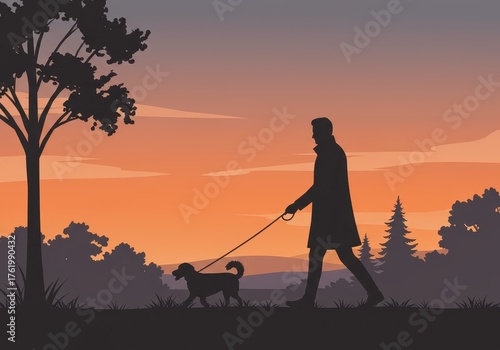 Silhouette of a person walking a dog at sunset, enjoying a peaceful nature walk