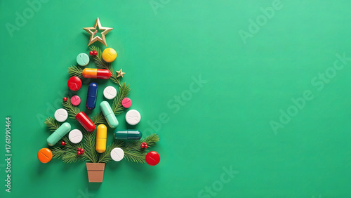 medicine pills shape of christmas tree on green background, Concept christmas tree and new year, medical flatlay. Creative new year tree
