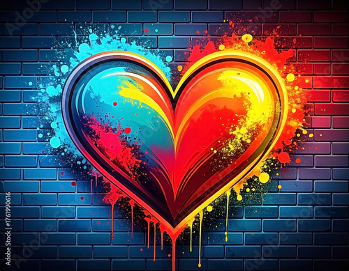 Vibrant heart splatter art on dark brick wall background