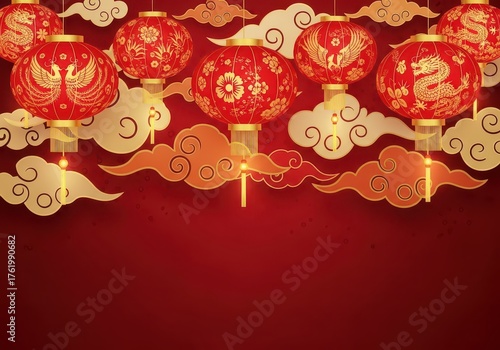 Traditional Chinese New Year Red Lanterns with Golden Clouds Festive Decoration Banner