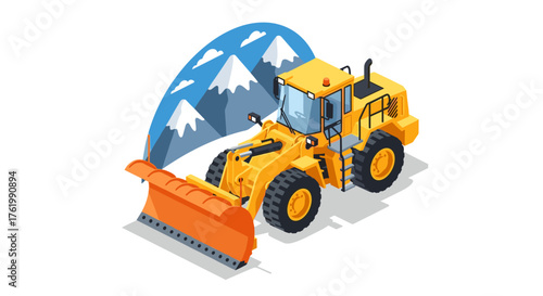 Isometric snow plow truck clearing mountain path