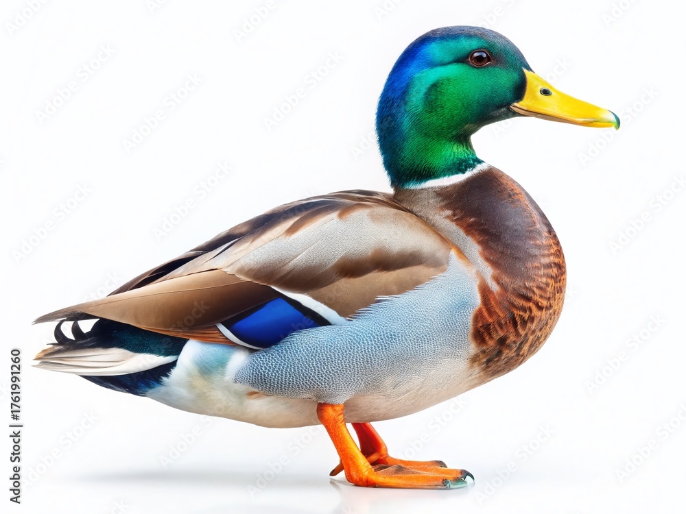 Obraz premium Majestic Mallard Drake: Blue Head, White Background - Stock Photo