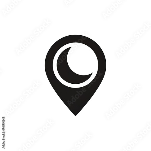 A dark gray location pin with a crescent moon inside on a black background in simple illustration on transparent background
