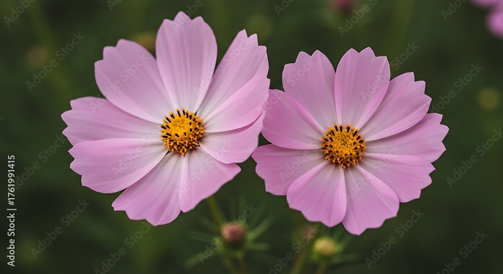 Obraz premium Two delicate pink cosmos flowers in full bloom against a blurred background.