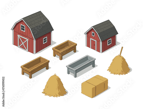 Isometric farm elements set with barns, troughs, haystacks, and bale on white background