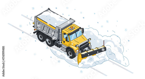 Snowplow truck in action: clearing winter roads in isometric design