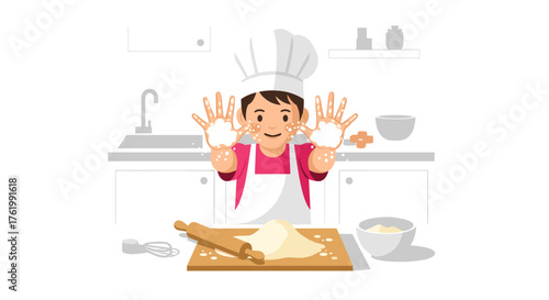 Smiling child chef baking in kitchen with dough and rolling pin