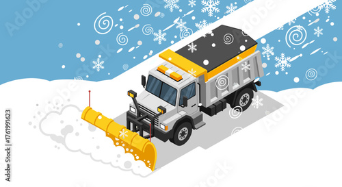 Snowy road maintenance with a winter snowplow truck in isometric design