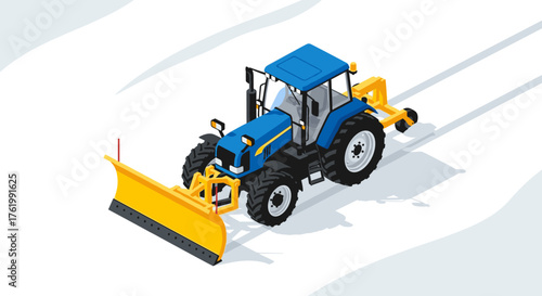 Blue tractor with snowplow in isometric style on white background