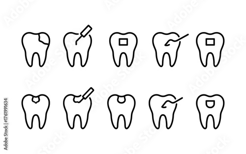 Dental health and tooth care icons set. Healthy teeth, cavity, protection, prevention, dentistry. Outline vector illustrations