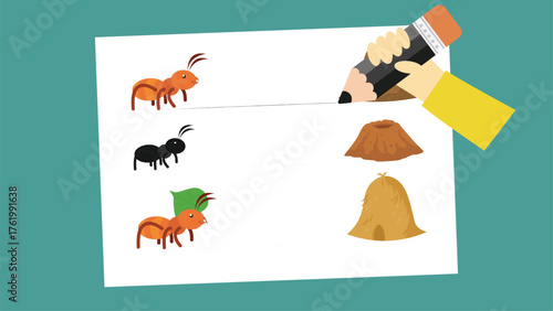 Illustration of ants searching for food on paper. Vector illustration.