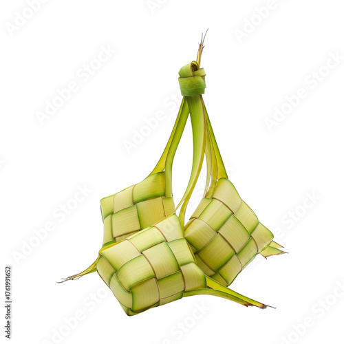 A close up shot of three ketupat hanging together against a plain black studio style background image on transparent background