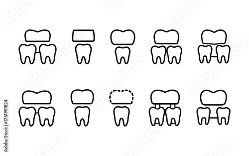 Dental health and tooth care icons set. Healthy teeth, cavity, protection, prevention, dentistry. Outline vector illustrations