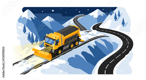 Snowplow truck navigating winding mountain road at night in winter