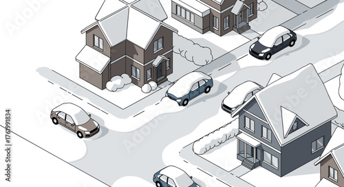 Isometric snowy neighborhood with houses and cars in winter scene