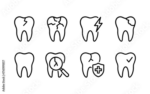 Dental health and tooth care icons set. Healthy teeth, cavity, protection, prevention, dentistry. Outline vector illustrations