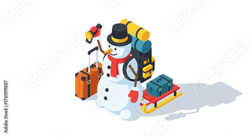 Isometric snowman traveler with luggage, backpack, and sled adventure