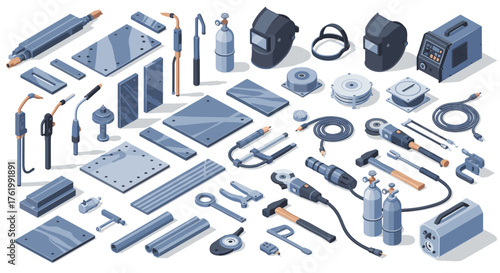 Isometric set of welding tools and equipment on white background