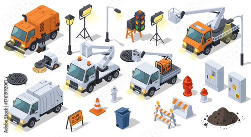 Isometric construction vehicles and equipment set for urban maintenance