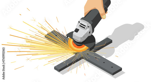 Isometric angle grinder with bright sparks cutting metal