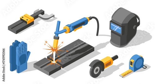 Isometric welding equipment set with safety gear and tools for metalwork
