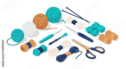 Colorful knitting and crochet supplies in isometric style