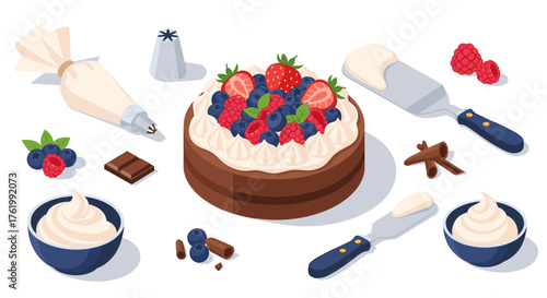 Delicious berry cake with whipped cream and baking tools in isometric style