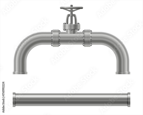 Realistic stop valve and metal pipe set. Manual rotary valve type is silver gray for installation in the water supply system. Vector illustration isolated on white background	