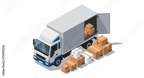 Isometric delivery truck with cargo boxes on white background