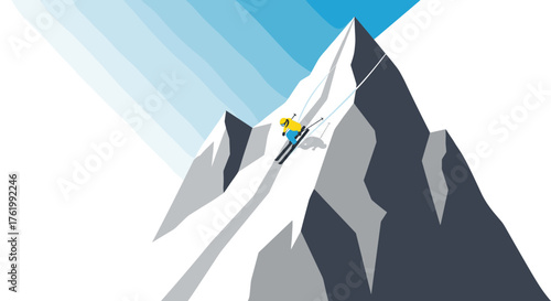 Minimalist skier descending steep mountain slope on a clear day
