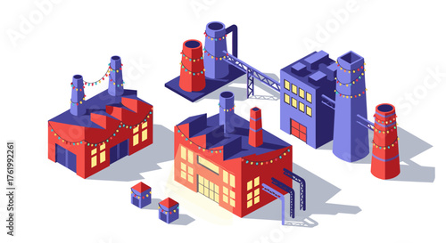 Isometric festive factories with decorative lights in red and blue