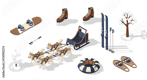 Winter sports isometric set: dog sledding, snowboarding, skiing equipment