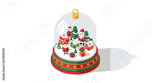 Festive isometric christmas snow globe with santa and gifts scene