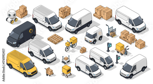 Isometric delivery vehicles and logistics elements with robots and packages