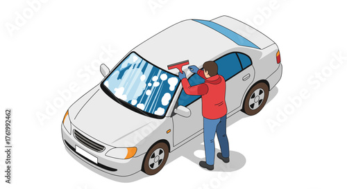 Man cleaning car windshield in winter, flat style