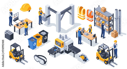 Construction and manufacturing isometric set with workers, equipment, and tools