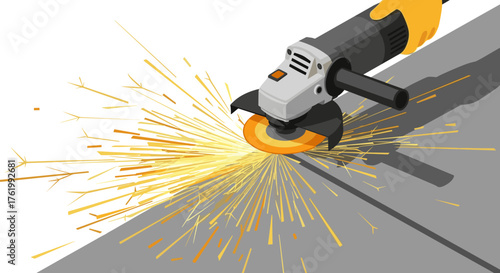 Worker using angle grinder with sparks flying in dynamic flat design