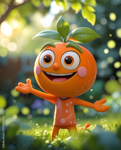 Orange Cartoon Portrait – Playful Fruit Character in Garden Theme