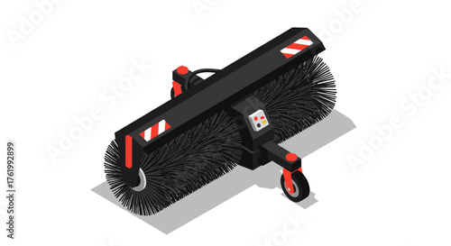 Isometric street sweeper brush with red accents on white background