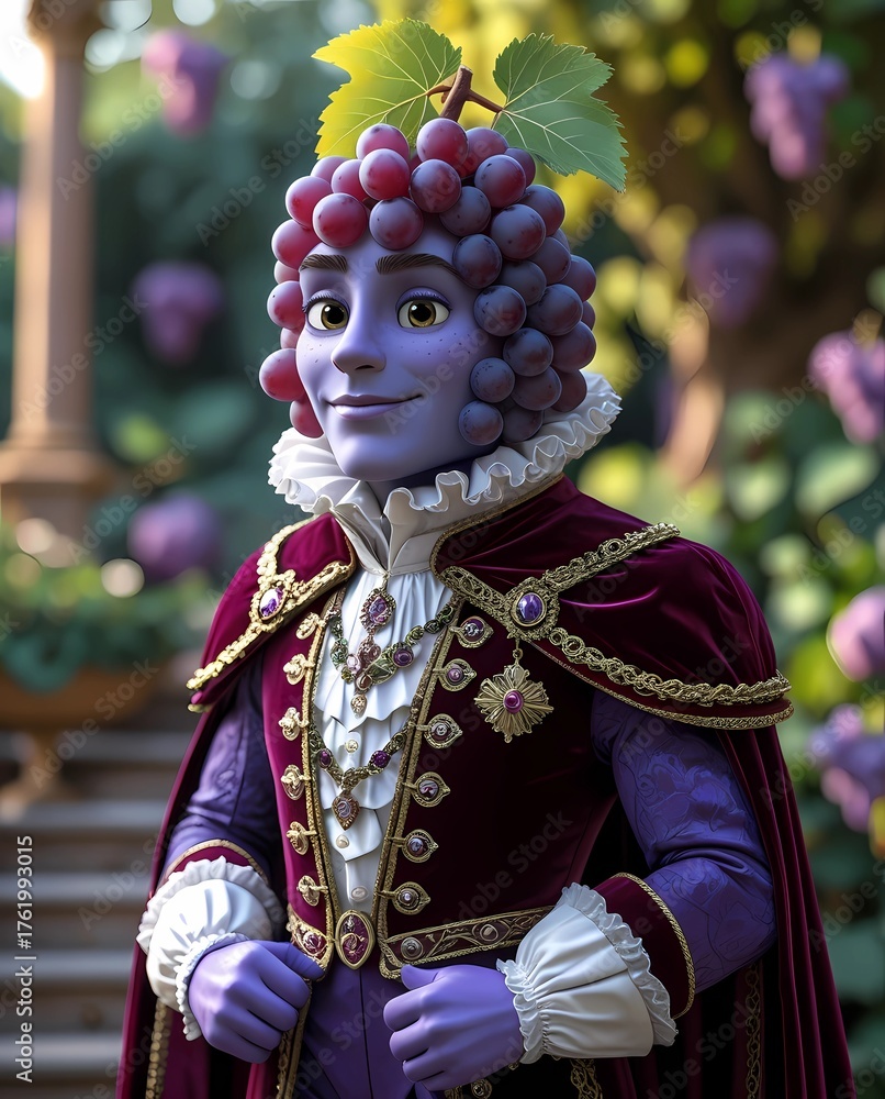 Obraz premium Elegant Grape Cartoon Portrait – Royal Aristocrat Fruit Character in Garden