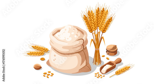 Rustic sack of flour with wheat ears and grains on white background