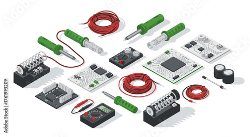 Isometric electronics workshop tools and components on white background