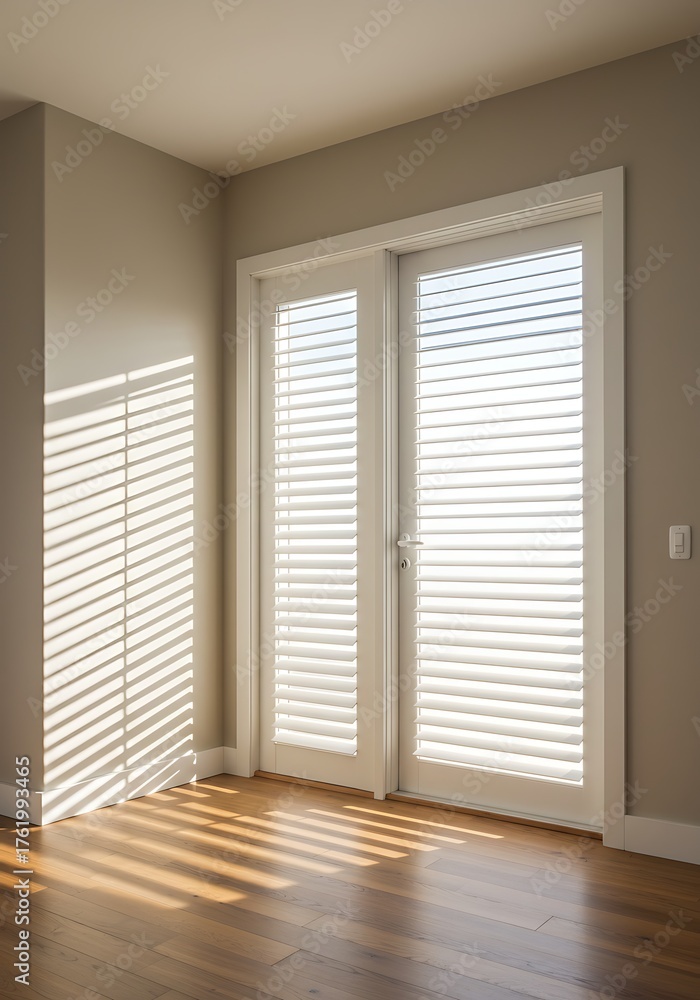 Obraz premium Sunlight streaming through white plantation shutters on French doors.