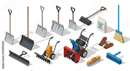 Winter cleanup equipment set featuring snow blowers, shovels, and brooms in isometric style