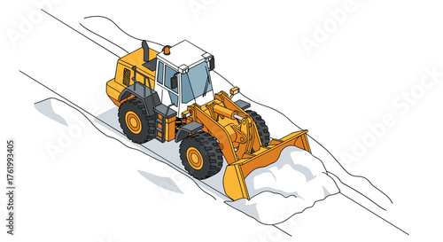 Isometric snow plow machine on roadway in winter landscape