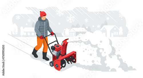 Winter scene of person using snow blower in suburban neighborhood