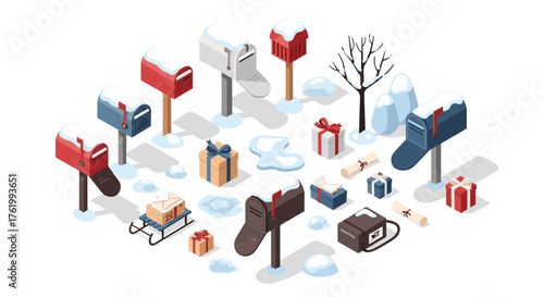 Winter mailboxes with snow and gifts in an isometric scene