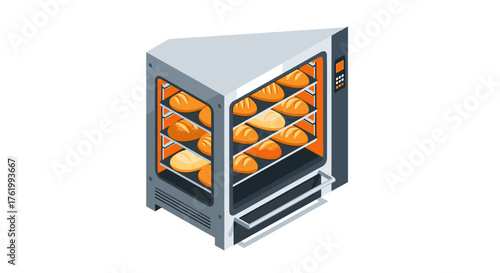 Modern bakery oven with freshly baked bread in isometric style