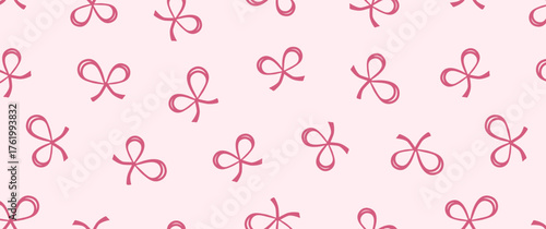 Bow seamless pattern, pink ribbon background. Cute girl print, simple doddle kid bg. Pretty whimsical shape, romantic hand drawn coquette border, retro bowknot wallpaper. Abstract vector illustration