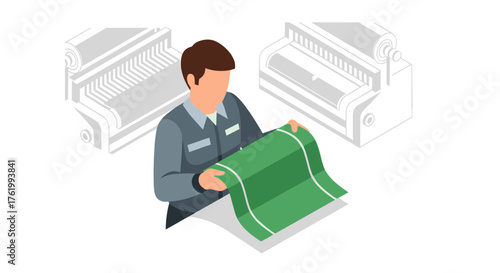 Factory worker reviewing textile in isometric design with machinery outline